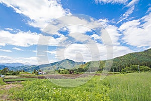 Beautiful landscape of Takayama mura at sunny summer or spring day and blue sky in Kamitakai District in northeast Nagano