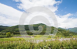 Beautiful landscape of Takayama mura at sunny summer or spring day and blue sky in Kamitakai District