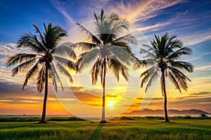 The beautiful landscape with three palm trees in silhouette image was taken during noontime photo