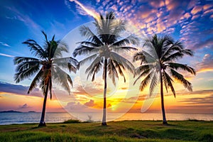 The beautiful landscape with three palm trees in silhouette image was taken during noontime photo