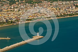 Beautiful landscape top view of the city: the blue sea, lighthouse and port. Alanya, Antalya district, Turkey, Asia