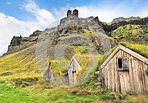 Beautiful landscape with traditional turf houses in Iceland