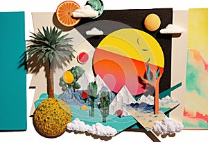 Beautiful landscape trendy art paper collage design. Generative ai