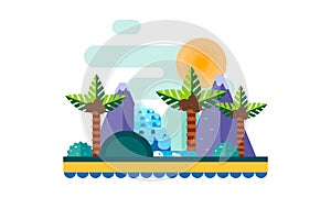 Beautiful landscape with tropical plants and trees, sand beach with palms, mountains and sun vector Illustration