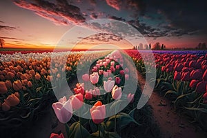 Beautiful landscape of Tulip flower field against color