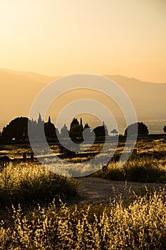 The beautiful landscape of valley in Pamukkale during the sunset