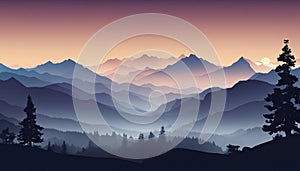 Beautiful landscape vector illustration of mountains,. Stunning foggy landscape of mountains and forest silhouettes.