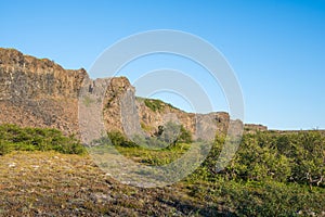 The beautiful landscape of Vesturdalur in Jokulsargljufur in Vatnajokull national park in Iceland