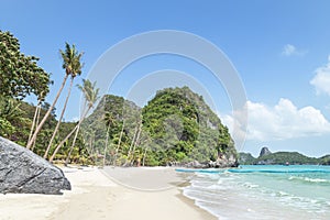 Beautiful landscape view at beach of Wua Ta Lap island with row of coconut palm trees Angthong Islands National Marine Park ,Surat