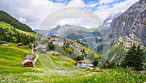 Beautiful Landscape view of Charming Murren Mountain Village with Lauterbrunnen Valley and Swiss Alps background, Jungfrau region