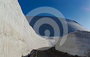 Beautiful landscape view of giant snow wall, Tateyama Alpine Route, Japan Alps. Toyama Prefecture, Japan.