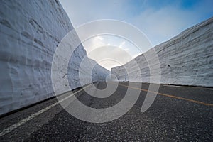 Beautiful landscape view of giant snow wall, Tateyama Alpine Route, Japan Alps. Toyama Prefecture, Japan.