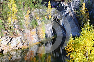 Beautiful landscape view of  green and yellow forest and lake.