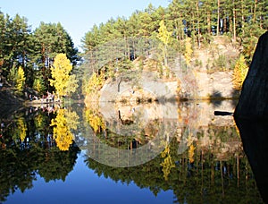 Beautiful landscape view of  green and yellow forest and lake.