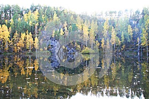 Beautiful landscape view of  green and yellow forest and lake.