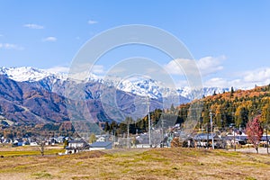 Beautiful landscape view of Hakuba in the winter with snow on the mountain and blue sky background in Nagano Japan