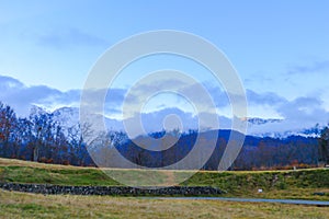 Beautiful landscape view of  Hakuba in the winter with snow on the mountain and blue sky background in Nagano Prefecture Japan