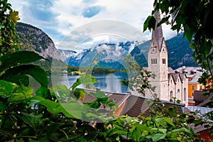 Beautiful landscape view of the Hallstatt from lake Hallstater See, Austria cloudy sky