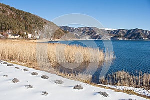 Beautiful landscape view of Kawaguchiko Lake with white snow in winter seasonal at Yamanashi.