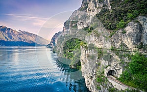 Beautiful landscape. View of Lake Garda and the Ponale trail carved into the rock of the mountain , Riva del Garda,Italy. Popular