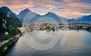 Beautiful landscape. View of Lake Garda and the Ponale trail carved into the rock of the mountain , Riva del Garda,Italy. Popular