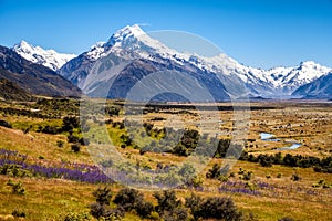 Beautiful landscape view of mountain range and MtCook peak, New Zealand