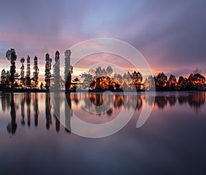 Perfect nature reflection on beautiful trees with colorful sky at sunrise