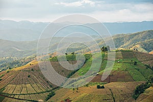 Beautiful landscape view of rice terraces and house on mountains beautiful shape in nature at pa-pong-peang rice terrace north