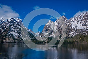 Beautiful landscape view of snow capped mountain, grand Tetons reflecting on water