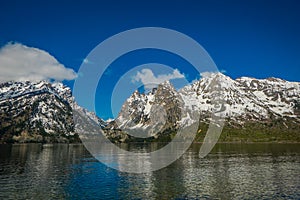 Beautiful landscape view of snow capped mountain, grand Tetons reflecting on water