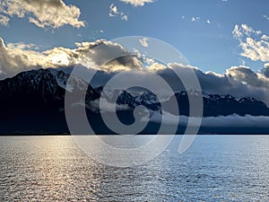 View of sunset around the lake in the icy mountains