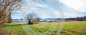 beautiful landscape with view to lake Starnberger See and bavarian mountains