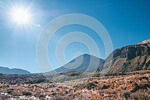 `Beautiful Landscape view of Tongariro Crossing track on a beautiful day with blue sky, North Island, New Zealand.