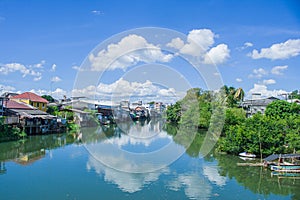 Beautiful landscape view of waterfront home or old town located beside the river with blue sky in the background at countryside.