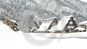 Beautiful landscape view of world heritage shirakawago village with snow in winter season , gifu, japan