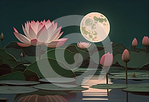 Beautiful landscape of water lilies on a pond under a full moon. AI generated