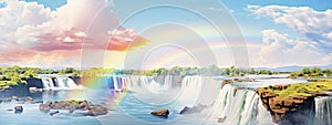A beautiful landscape of a waterfall with a rainbow over the falls The sky is blue and cloudy and the water is white and foamy