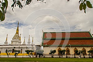 Beautiful landscape and white gold pagoda of Wat Jedyod, Chiang Rai, Thailand. Wat Chet Yot is a temple that has been renovated