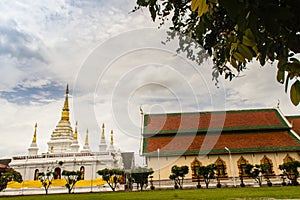 Beautiful landscape and white gold pagoda of Wat Jedyod, Chiang Rai, Thailand. Wat Chet Yot is a temple that has been renovated