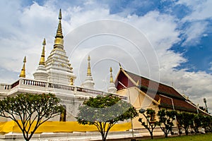 Beautiful landscape and white gold pagoda of Wat Jedyod, Chiang Rai, Thailand. Wat Chet Yot is a temple that has been renovated