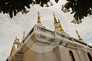 Beautiful landscape and white gold pagoda of Wat Jedyod, Chiang Rai, Thailand. Wat Chet Yot is a temple that has been renovated