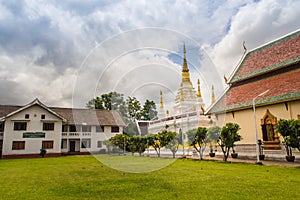 Beautiful landscape and white gold pagoda of Wat Jedyod, Chiang Rai, Thailand. Wat Chet Yot is a temple that has been renovated