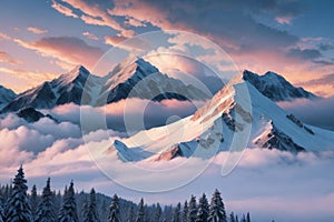 beautiful landscape with a winter theme, clouds, forest, mountains, AI generate