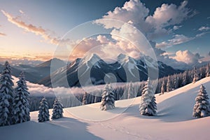 beautiful landscape with a winter theme, clouds, forest, mountains, AI generate