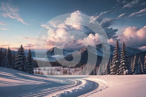 beautiful landscape with a winter theme, clouds, forest, mountains, AI generate