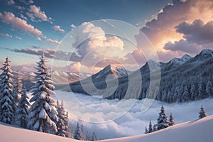 beautiful landscape with a winter theme, clouds, forest, mountains, AI generate