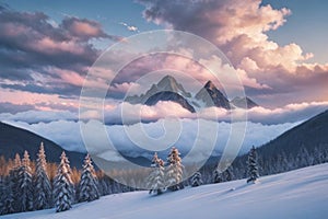 beautiful landscape with a winter theme, clouds, forest, mountains, AI generate