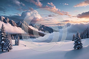 beautiful landscape with a winter theme, clouds, forest, mountains, AI generate