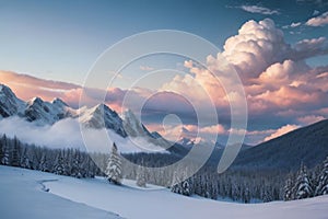 beautiful landscape with a winter theme, clouds, forest, mountains, AI generate