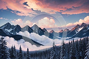 beautiful landscape with a winter theme, clouds, forest, mountains, AI generate